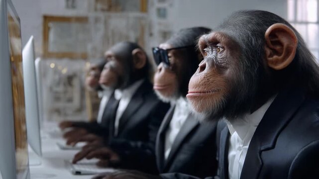 A group of well-dressed monkeys, intently focused on computer screens, portray an intriguing blend of sophistication and humor in a unique digital workspace setting.