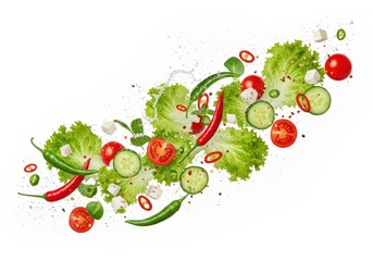Fresh salad ingredients suspended in motion with splashing liquid elements