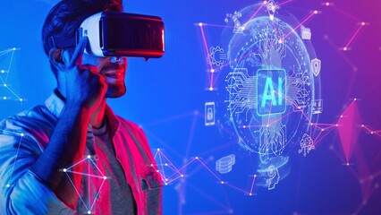 A young man engages with virtual reality technology, showcasing artificial intelligence elements and digital connections, embodying innovation and futuristic exploration. Raster