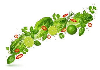 Assortment of fresh green herbs, limes, and spicy pepper slices suspended in motion
