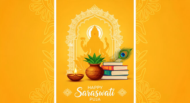 Saraswati | Puja | poster | post, Vector | Happy | Vasant | Panchami, Puja, | illustration | of. social media, flyer, Indian | festival | background