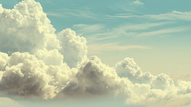 The sky is filled with fluffy white clouds, creating a serene and peaceful atmosphere. Creamy off white gradient sky with subtle cloud textures, clean calm look, cloud dancer pantone
