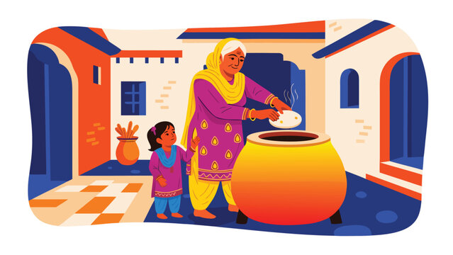 Warm Punjabi dadi using smart tandoor oven with biracial (Wh in vector style. Features tandoor and turmeric palette. website backgrounds, presentation templates, branding materials, digital de...
