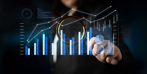 This image illustrates a modern business concept featuring dynamic data visualization and analytics, representing growth strategies in a virtual interface. Scalp