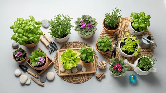 Assortment of potted herbs, flowering plants, and lettuce arranged on a light gray surface with gardening tools and decorative stones, 4k video