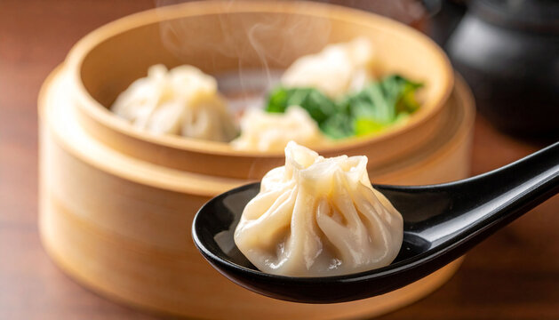 Steaming Hot Xiao Long Bao (soup dumpling) on a Spoon