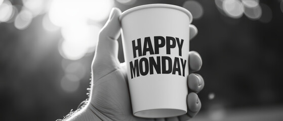 Hand holding coffee cup with text HAPPY MONDAY bold letters. background features soft bokeh effect, creating cheerful and motivational atmosphere