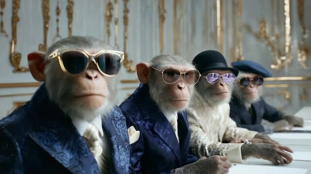 A Stylish Gathering of Monkeys Dressed in Elegant Attire and Sunglasses, Radiating Sophistication and Charm in a Luxurious Setting Captured in Two Cinematic Frames