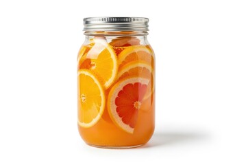 Glass container filled with citrus fruit slices and liquid stands against a white background