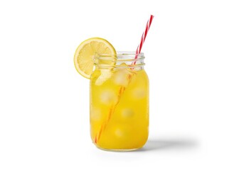Refreshing citrus beverage served in a glass container with ice cubes and a decorative garnish