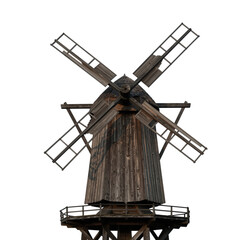 Obraz premium Rustic wooden windmill with large sails and elevated platform
