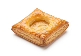Golden brown square puff pastry with a depressed center sits isolated on a white background