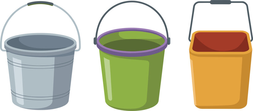 Colorful vector set of various utility buckets: metal, plastic, and square, symbolizing cleaning, household chores, construction, and water collection