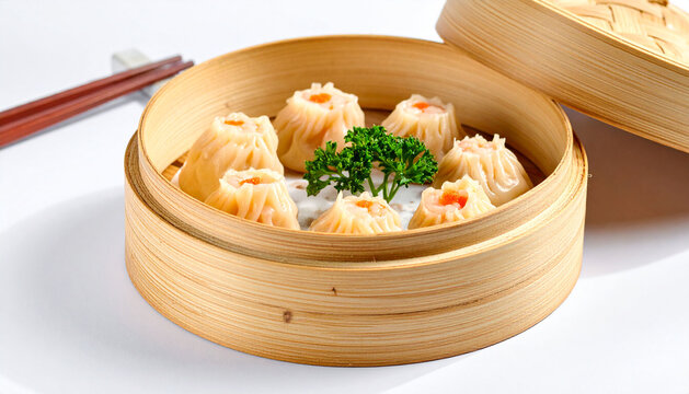 Chinese dumpling in a bamboo steamer box on white background