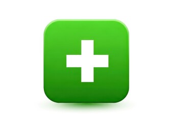 Obraz premium Bright green glossy square icon displays a white cross symbol centered within its shape.