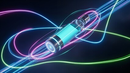 Futuristic Battery with Neon Light Trails in Dark Background