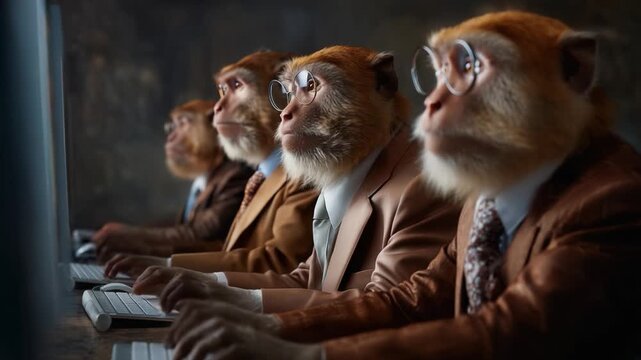 A Group of Monkeys Dressed in Business Attire Work Diligently at Computers, Sporting Glasses, and Displaying Human-Like Characteristics in a Professional Setting