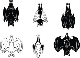 Bat silhouette icon set, hanging bat vector, stylized wildlife illustration, nocturnal animal design, cad drawing flat vector illustration