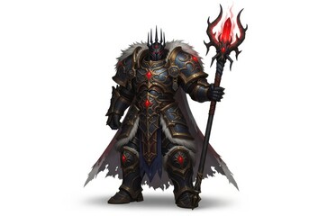 Mighty armored warrior king holds a glowing crimson magic staff