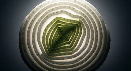Leek cross section showing concentric layers and intricate details.