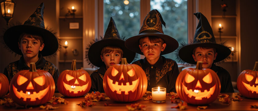 Spooky Halloween scene featuring children in witch hats, surrounded by carved pumpkins and autumn leaves, creating festive atmosphere - Powered by Adobe