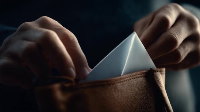 A Close-Up Moment: Carefully Extracting an Enveloped Letter from a Melancholic Brown Leather Bag, Symbolizing Secrets, Communication, and Anticipation in Everyday Life.