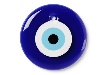 Round protective talisman featuring concentric circles of blue, white, and black is isolated on white background