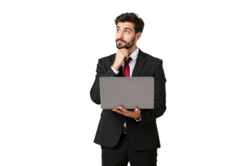 Thoughtful businessman in suit holding a laptop