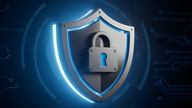Digital Security Shield with Lock and Neon Glowing Lines in Futuristic Technology Style - Powered by Adobe