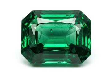 Faceted deep green gemstone exhibits internal inclusions when isolated on a white background