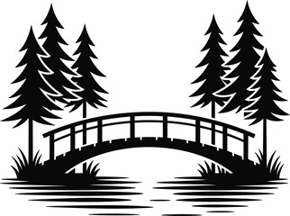 Tranquil black vector silhouette of an arched wooden bridge over water, framed by pine trees, symbolizing nature, park, and peaceful landscape