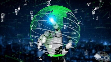 A sleek robot interacts with a glowing holographic globe filled with digital icons, symbolizing the intersection of technology and global connectivity in a modern world. Xenic