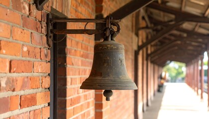 Obraz premium An old train station bell hangs on a brick wall along the platform, blurred background