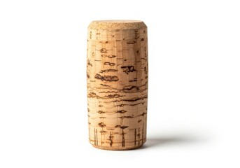 Cylindrical natural material stopper stands vertically against a pure white background