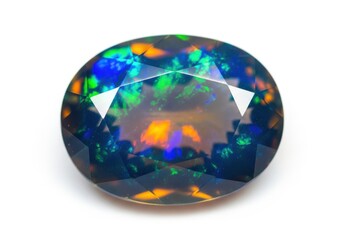 Oval cut precious stone displays brilliant play of color against white background