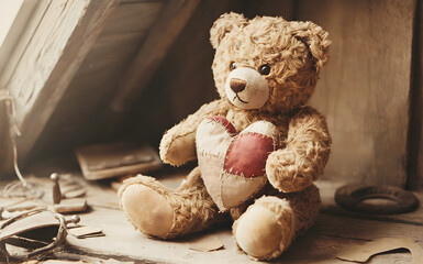 Handmade crochet teddy bear sitting on wood surface, cute knitted toy holding red heart, vintage wool craft for valentine day, cozy home window background, amigurumi soft texture, rustic decoration.