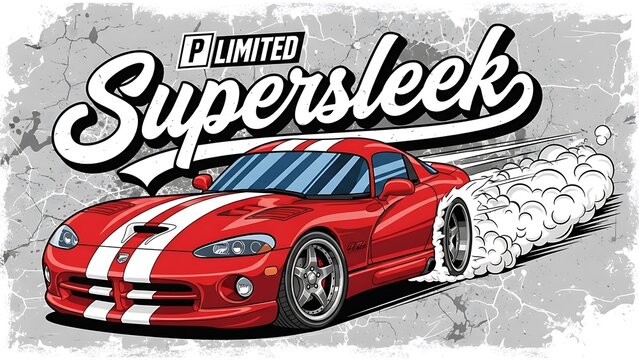 A cartoon of a red sports car with white stripes and tire smoke, with Supersleek LIMITED text above.