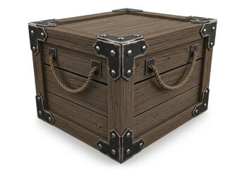 Rough wooden container featuring dark metal reinforcement and thick rope handles is isolated against white