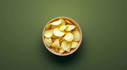 Crispy round potato chips in a small white bowl on a dark olive green surface