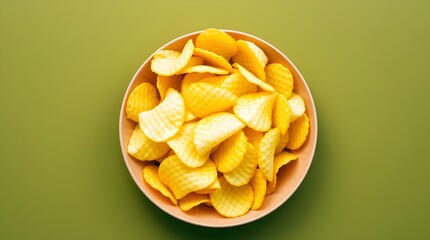 Top view of ridged potato chips in a peach ceramic bowl on a sage green background.