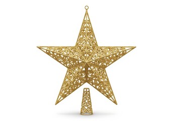 Ornate golden five point star decoration rests above its attachment base against a white background