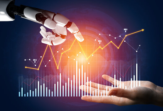 A robot arm extends towards a human hand, symbolizing the collaboration between technology and human effort in finance, featuring data visualization and growth trends. Scalp