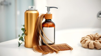 Set of hair styling products featuring gold aerosol, amber pump bottle, and clear spray mist.