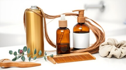Hair care products with gold spray bottle, amber glass pump, and wooden comb on white background