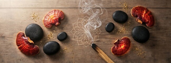 Facebook Cover Photo Flatlay with Lava Stones, Reishi Slices, Palo Santo Smoke, and Gold Mica in Dawn Light