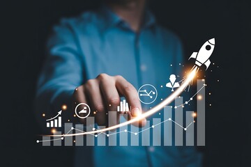 Business growth and success with rocket launch and upward trend graph