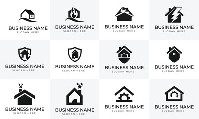 Collection of twelve black house logos with business name and slogan placeholders home building