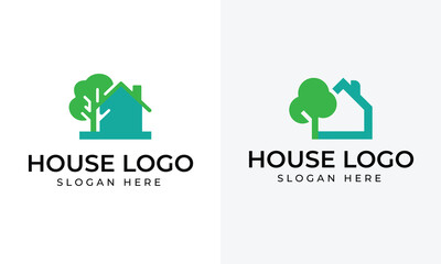 Two teal and green house and tree logo designs with text home