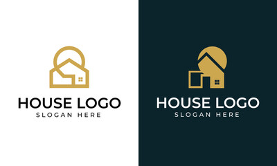 Gold abstract house logo with sun and text on white and dark blue backgrounds building