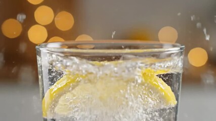 Refreshing Citrus Splash: A vibrant slice of lemon plunges into a sparkling glass of water, creating a dynamic splash that embodies freshness.